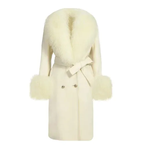 Women's wool cashmere coat with luxurious natural Mongolian sheep fur collar