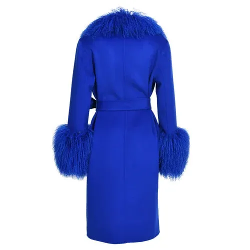 Women's wool cashmere coat with luxurious natural Mongolian sheep fur collar