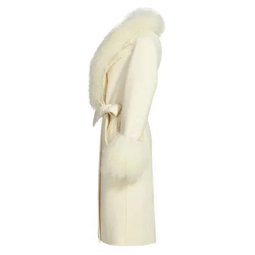 Women's wool cashmere coat with luxurious natural Mongolian sheep fur collar