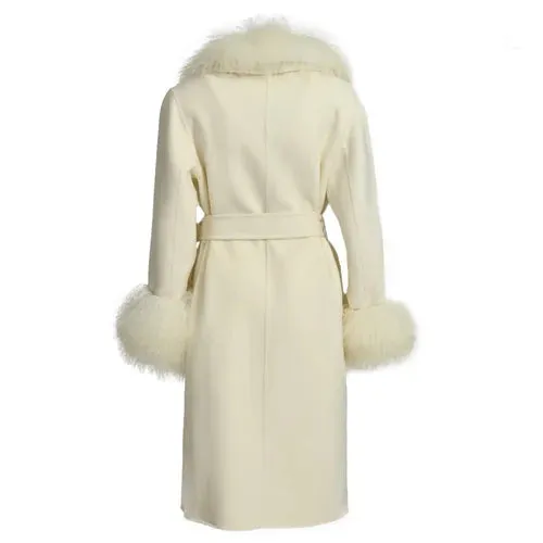 Women's wool cashmere coat with luxurious natural Mongolian sheep fur collar