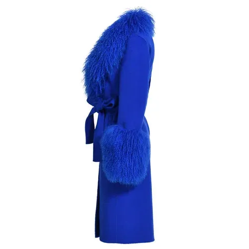 Women's wool cashmere coat with luxurious natural Mongolian sheep fur collar