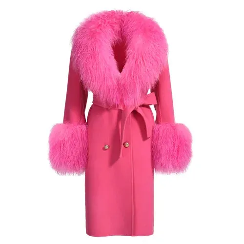 Women's wool cashmere coat with luxurious natural Mongolian sheep fur collar