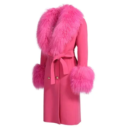 Women's wool cashmere coat with luxurious natural Mongolian sheep fur collar