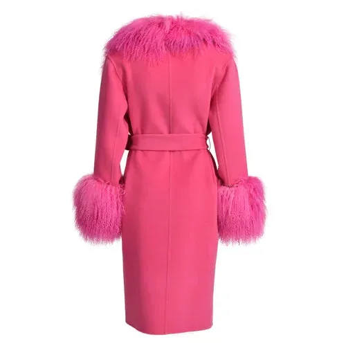 Women's wool cashmere coat with luxurious natural Mongolian sheep fur collar