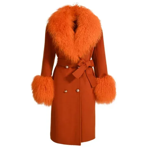 Women's wool cashmere coat with luxurious natural Mongolian sheep fur collar