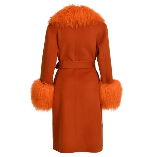 Women's wool cashmere coat with luxurious natural Mongolian sheep fur collar